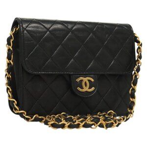 CHANEL Matelasse Chain Shoulder Bag Lamb Skin Black Gold CC Auth